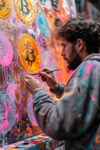 A photo of a digital artist painting a canvas with cryptocurrency symbols, blending art and finance