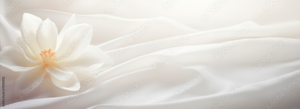 white jade flower isolated on white silk fabric  background, horizontal banner, copy space for text, spring nature, cleanness  and clothing concept