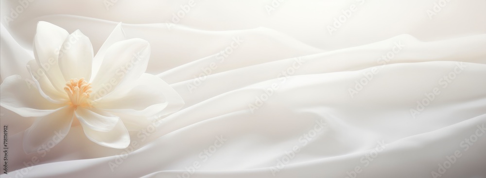 white jade flower isolated on white silk fabric background, horizontal banner, copy space for text, spring nature, cleanness and clothing concept white jade flower isolated on white silk fabric background, horizontal banner, copy space for text, spring nature, cleanness and clothing concept