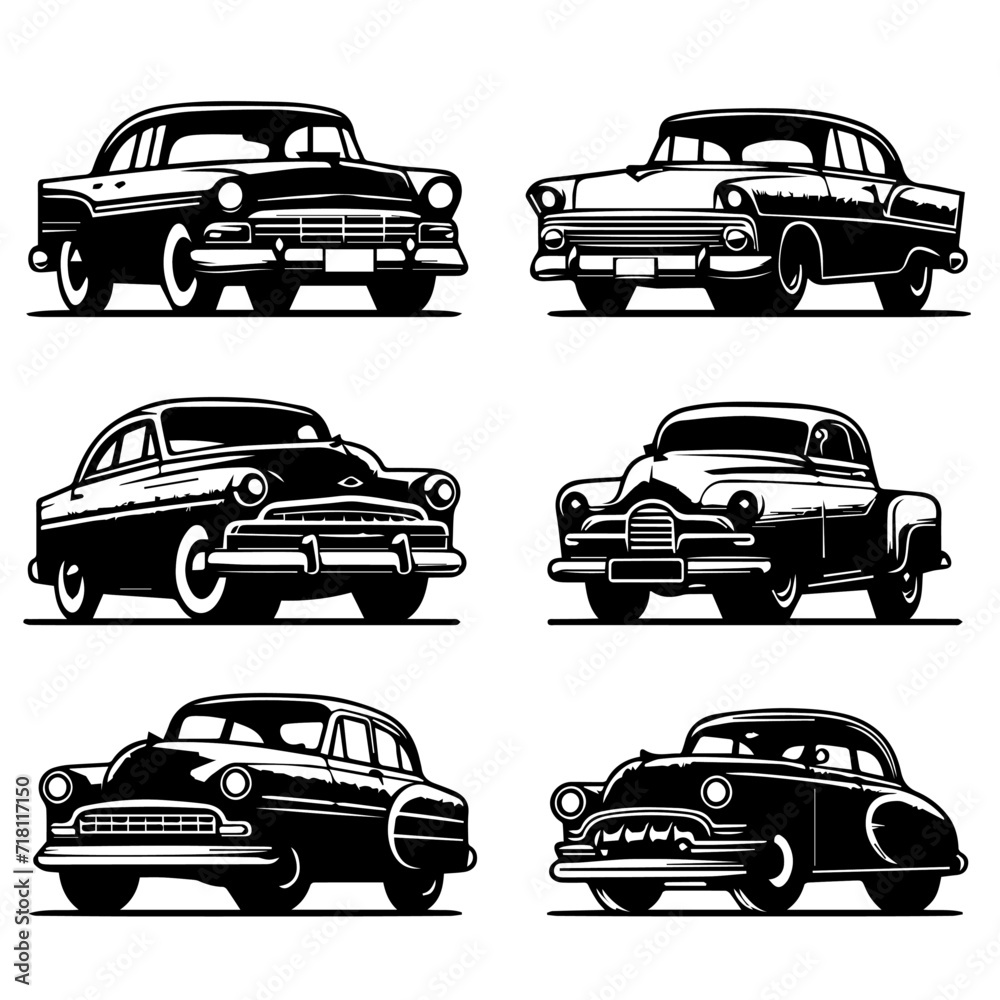 Vector set silhouette of a classic old car with a simple and minimalist stencil design style