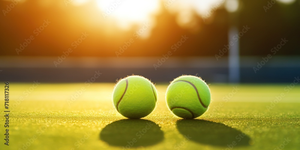 Closeup Of Tennis Ball On Tennis Court. Outdoor Summer Game On Sunset. Active Lifestyle Concept with Copy Space