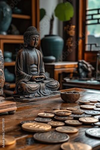 A photo of a financial therapist's office with cryptocurrency symbols in a calming, zen-like setting