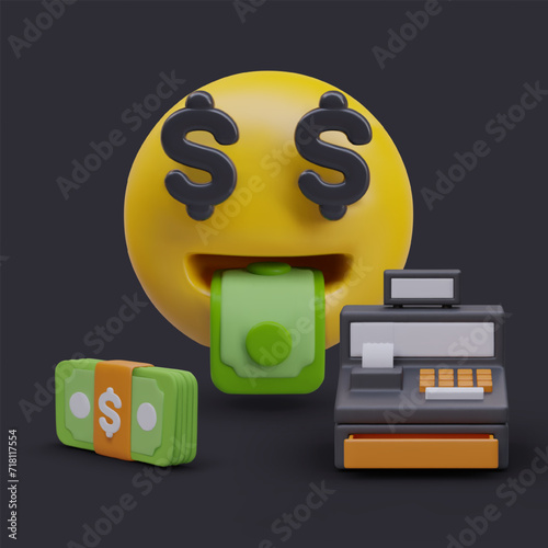 Funny poster with yellow emoticon with dollar eyes and banknote tongue, black cash machine, and money. Concept of loving money. Vector illustration in 3d style with black background