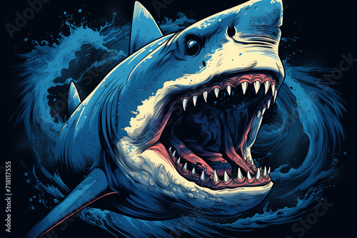 The t-shirt design features a shark with its mouth wide open  showing rows of sharp teeth and intimidating eyes