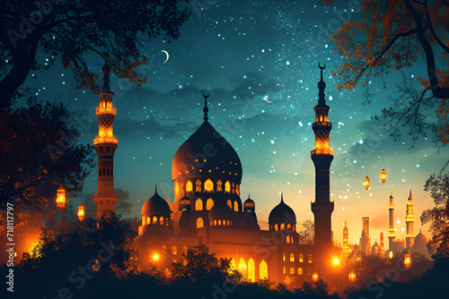 Eid al-Adha dinner celebration, Muslim lamp and tasbih on table against night sky, arabic lantern of ramadan celebration background illustration. Generative AI