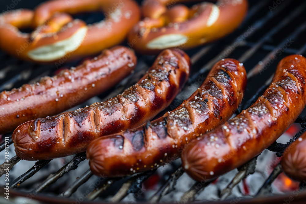 Hot dogs and soft pretzels cook on a big charcoal grill Hot dogs and soft pretzels cook on a big charcoal grill