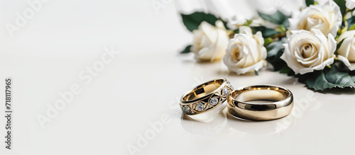 Wedding rings and roses close up on a white marble background. Wedding bands banner, website header, wedding invitation, minimalistic, elegant for wedding photographer, venue. Generative AI.   ©  DigitalMerchant