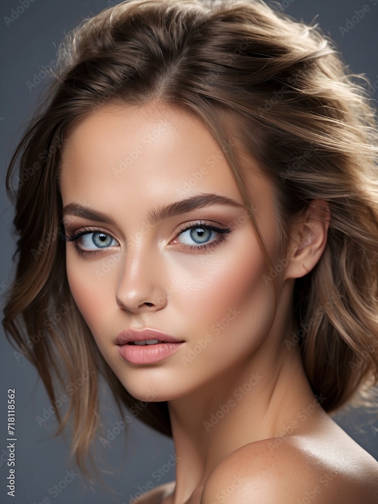 Beautiful brunette woman portrait with tanned skin and blue eyes	