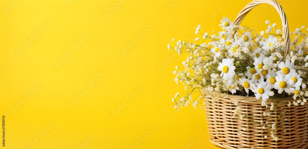 White flowers in a basket in the photo on a yellow Background with empty space next to it for your text. generative AI