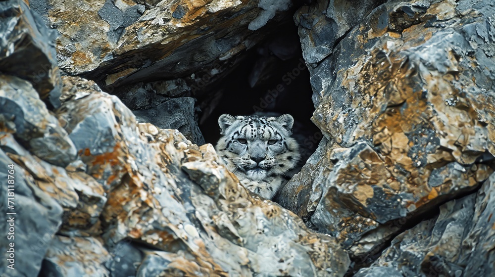 Camouflaged Snow Leopard in Rocky Outcrop Camouflaged Snow Leopard in Rocky Outcrop
