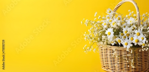 White flowers in a basket in the photo on a yellow Background with empty space next to it for your text. generative AI © original logo