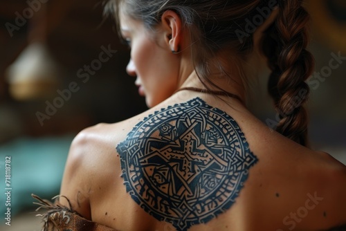 Close-up of a Celtic cross tattoo on a girl's back, detailed with traditional designs, highlighting cultural identity and personal beliefs.