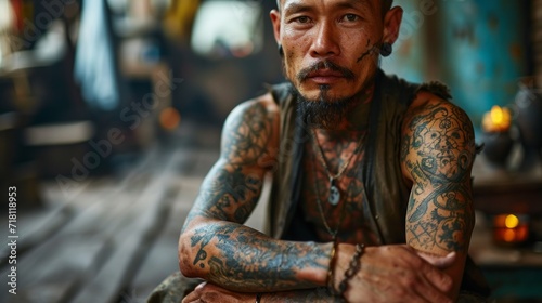 A realistic-looking man with extensive tattoos that cover his arms and torso poses with his arms crossed, adding to the confidence in his expression.