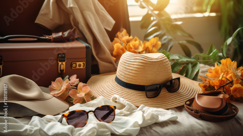 Open suitcase on the bed full of clothes and summer items. Hat, sunglasses, swimsuit, passport and camera. Summer vacation background