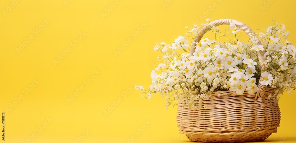 White flowers in a basket in the photo on a yellow Background with empty space next to it for your text. generative AI