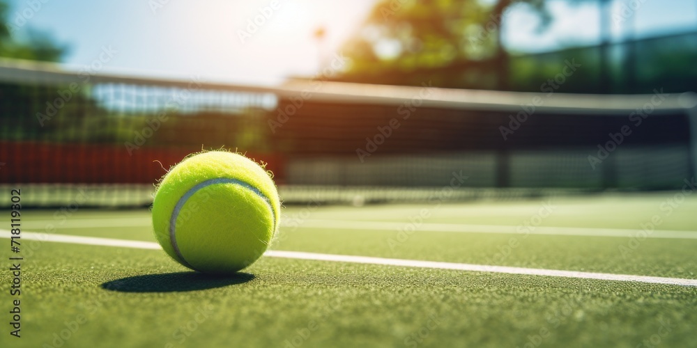 Yellow Ball on Tennis Green Court Closeup. Competitive Sport Game on the Sunny Day. Healthy Lifestyle. Outdoor Recreation
