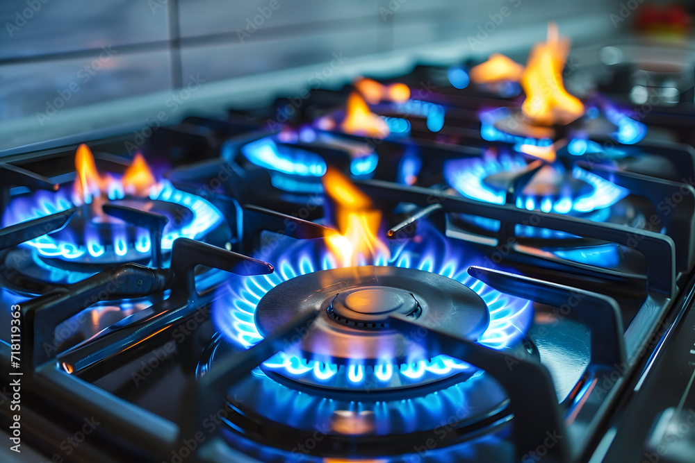 Modern kitchen stove cook with blue flames burning. Modern kitchen stove cook with blue flames burning.