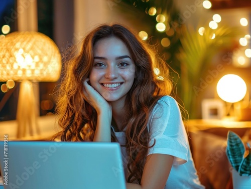 Happy beautiful girl using laptop in office
