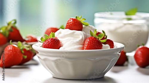 Strawberries in bowl with whipped cream on wooden table