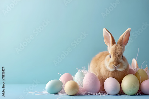 Cute bunny and easter eggs on background.
