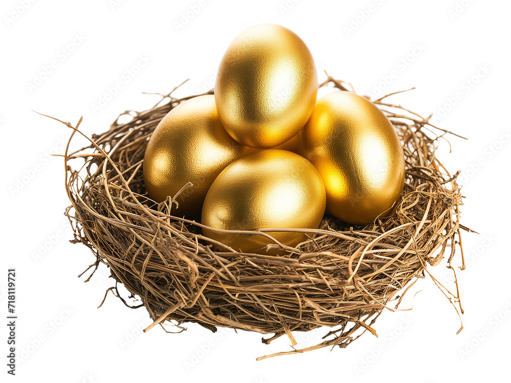 Golden eggs in a nest isolated on transparent or white background, png Golden eggs in a nest isolated on transparent or white background, png