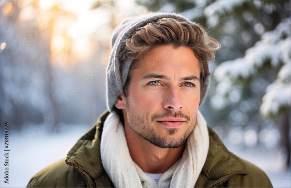 Handsome man with winter snow forest, winter natural background Handsome man with winter snow forest, winter natural background