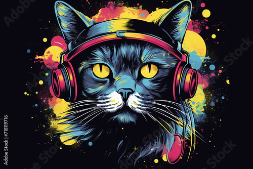 cat listening to music, for t-shirt design