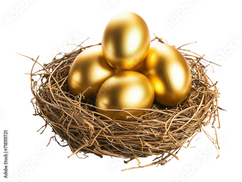 Golden eggs in a nest isolated on transparent or white background, png photo