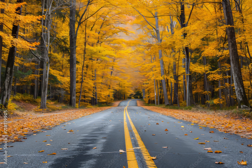 Naklejka premium Road with yellow trees in autumn