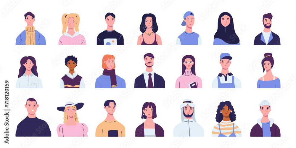 People head portraits set. Diverse men and women faces of different age and race. Happy modern young and old person avatars. Characters bundle. People head portraits set. Diverse men and women faces of different age and race. Happy modern young and old person avatars. Characters bundle.