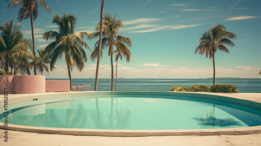 resort at a hotel. Tranquil scene of a swimming pool and beach with palm trees and white sand. Travel, vacation background
