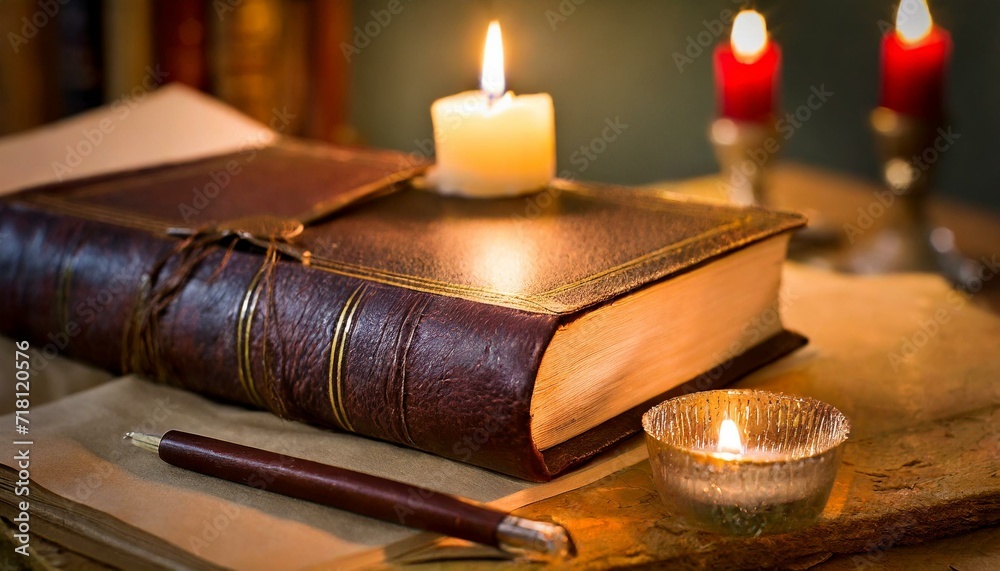 An antique leather-bound book rests on a weathered wooden table, bathed in the soft glow of candlelight. transports viewers to a bygone era of storytelling, book and candle