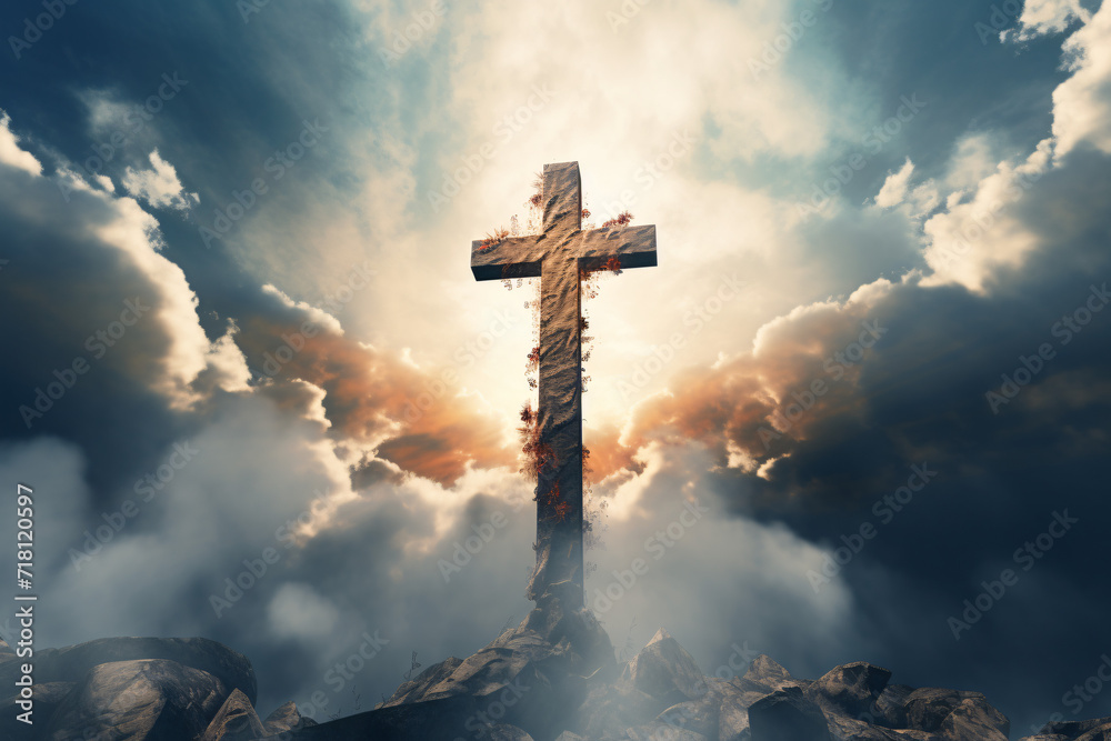 Das Heilige Kreuz, Symbol für den Tod und die Auferstehung Jesu Christi, mit Licht und Wolken im Hintergrund, Ostern - obrazy, fototapety, plakaty 