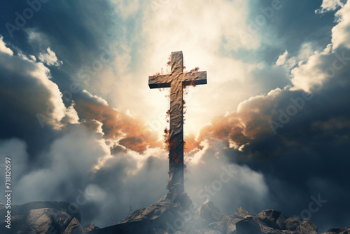 Das Heilige Kreuz, Symbol für den Tod und die Auferstehung Jesu Christi, mit Licht und Wolken im Hintergrund, Ostern photo