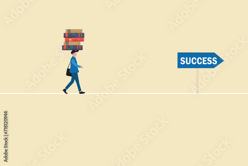 Businessman walking with books on head. concept of success, education level and skill development