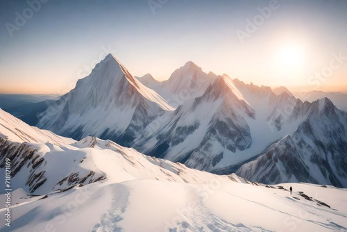 A mountain range covered in a blanket of fresh snow, sparkling in the soft light of the morning sun