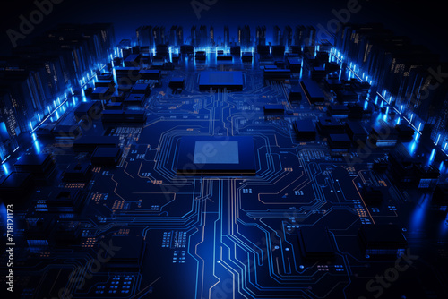 Close-up inside a computer, microchips and circuits, semiconductors. Dark blue color scheme, neon light