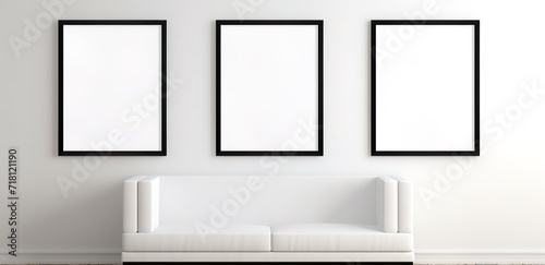 a row of empty white photo frames in the photo in front of a gray wall. generative AI