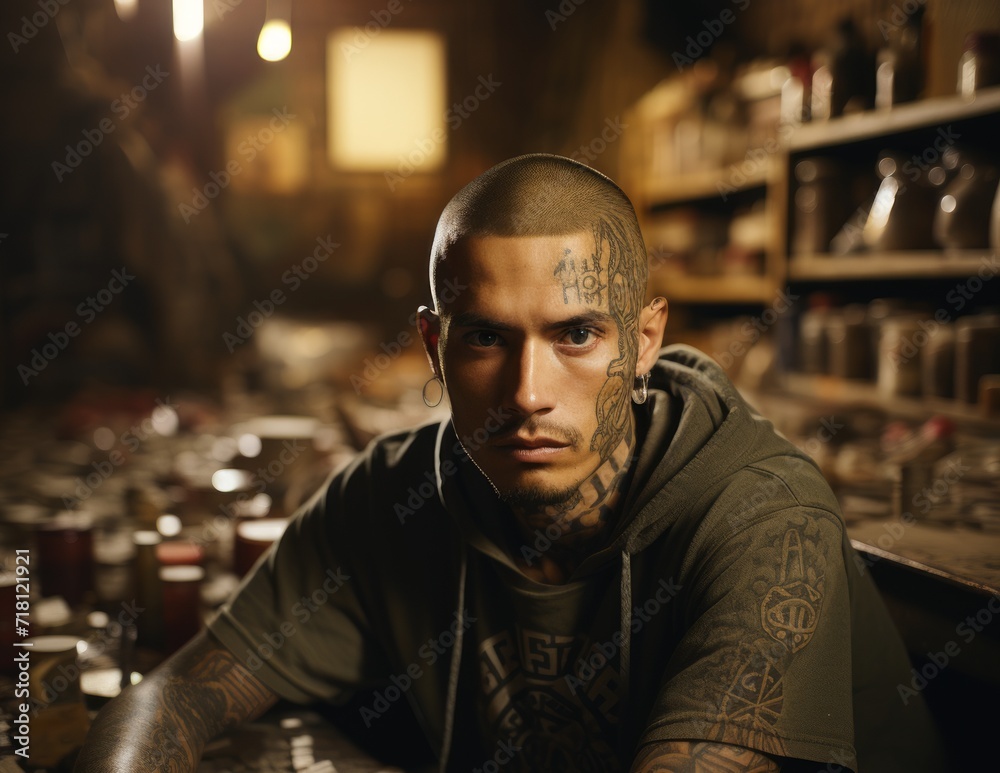 A man with a realistic appearance, depicted with tattoos covering his entire face, giving him an intriguing, brutal and expressive image. A man with a realistic appearance, depicted with tattoos covering his entire face, giving him an intriguing, brutal and expressive image.