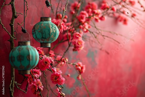Chinese New Year Celebration with Traditional Lantern and Qiuli Blooms, Generative AI