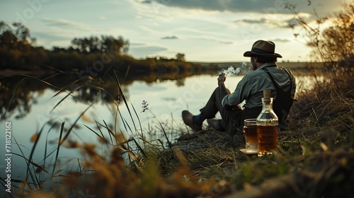 you are sitting by the lake in the spring with a cigarette in your mouth next to whiskey and enjoying nature photo