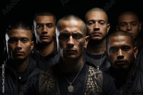 a man from a Latin gang and with tattoos on his face, against the backdrop of a group of similar bandits, creating the impression of concentration and intensity in his gaze. photo