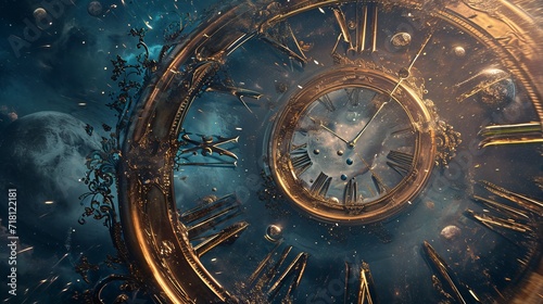 Mystical Cosmic Clock Illustration with Multiple Hands Synced to Different Universe’s Time Amidst Starry Space Background