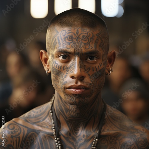 A man with a realistic appearance, depicted with tattoos covering his entire face, giving him an intriguing, brutal and expressive image.