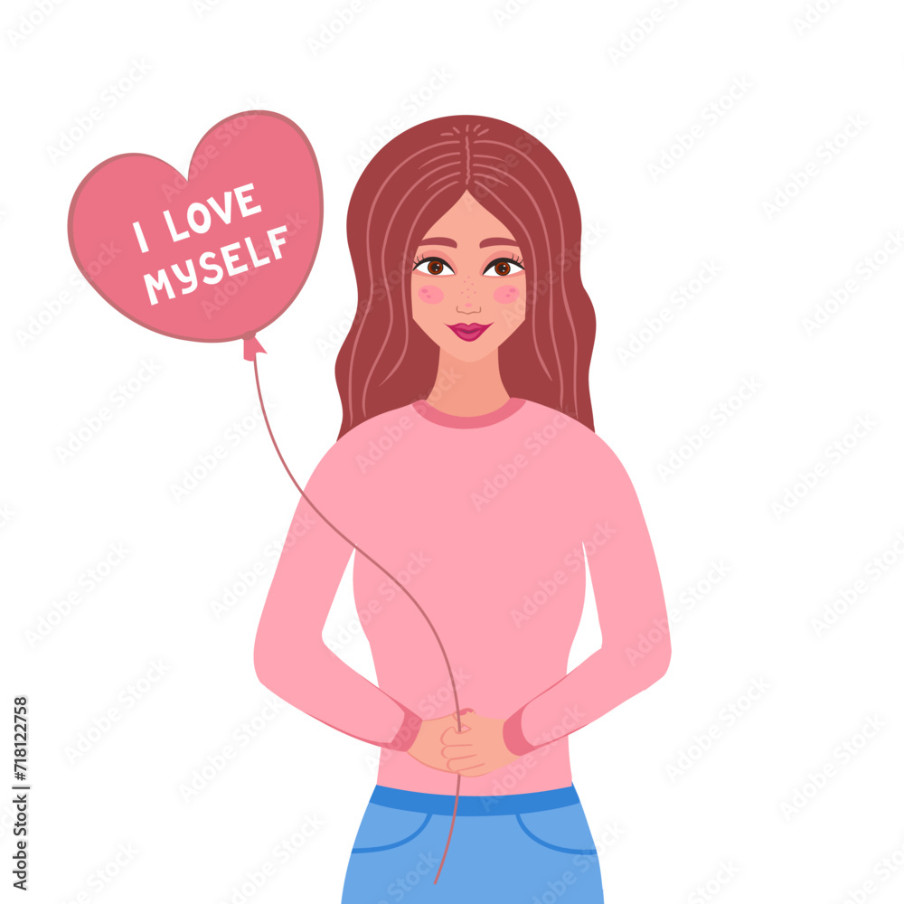 I love myself, girl with balloon. Vector Illustration for printing, backgrounds, covers and packaging. Image can be used for greeting cards, posters and stickers. Isolated on white background. I love myself, girl with balloon. Vector Illustration for printing, backgrounds, covers and packaging. Image can be used for greeting cards, posters and stickers. Isolated on white background.