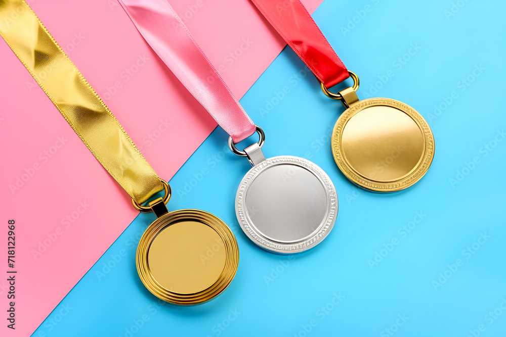 Olympic medals against a vibrant pink and blue colored background. Gold ...