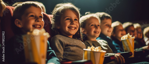 Children smile and happy watching movies in the movie theater