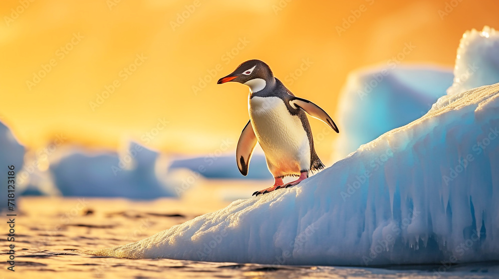 Fototapeta premium Penguin standing on iceberg with sunrise light