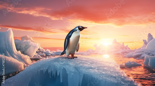 Penguin standing on iceberg with sunrise light