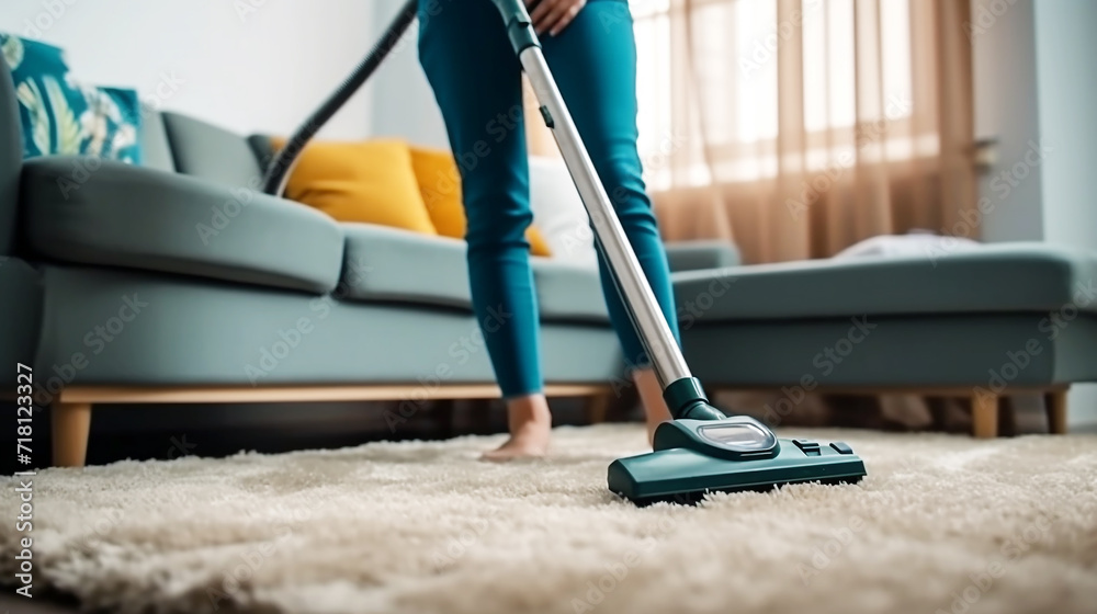 Housekeeper is using a vacuum cleaner to clean the living room - obrazy, fototapety, plakaty 